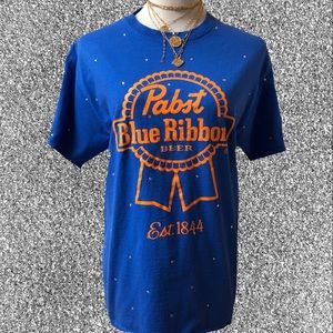 Upcycled Rhinestone Pabst Blue Ribbon Beer T-Shirt